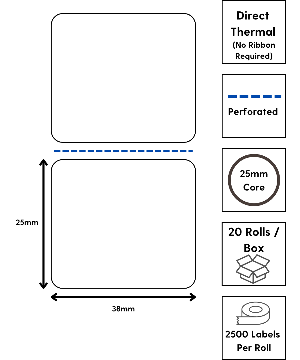 38 x 25mm (1a) uncoated direct thermal / permanent labels / perforated