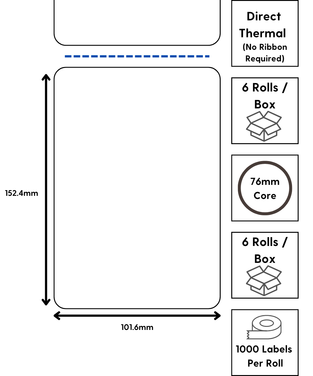 101.6 x 152.4mm (1a) uncoated direct thermal / 76mm core / permanent / perforated