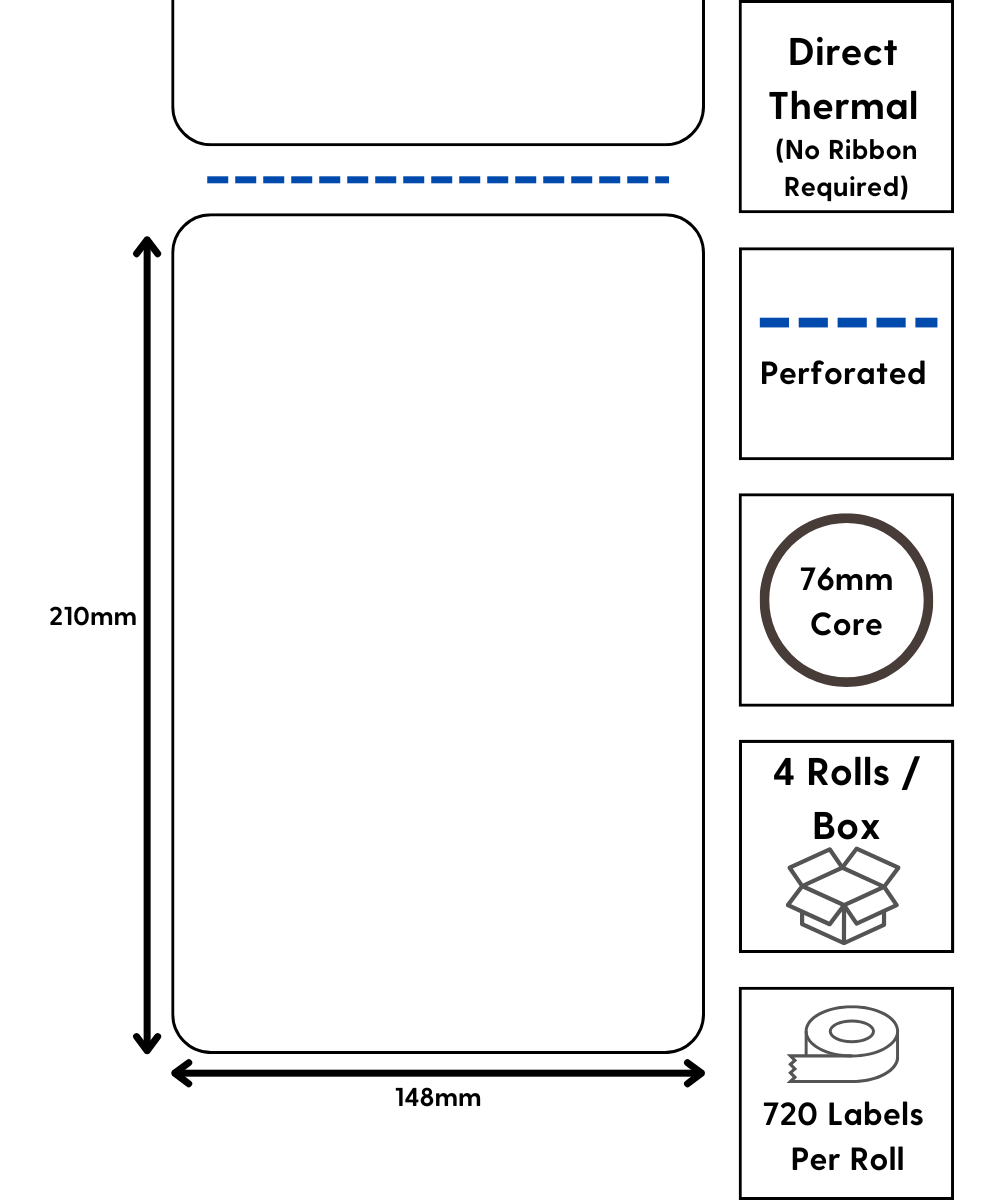 148 x 210mm (1a) uncoated direct thermal / permanent / 76mm cores / perforated