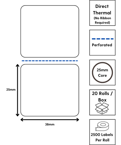 38 x 25mm (1a) uncoated direct thermal / permanent labels / perforated