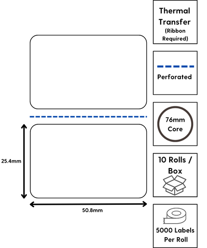 50.8 x 25.4mm (1a) thermal transfer / 76mm core / permanent / perforated