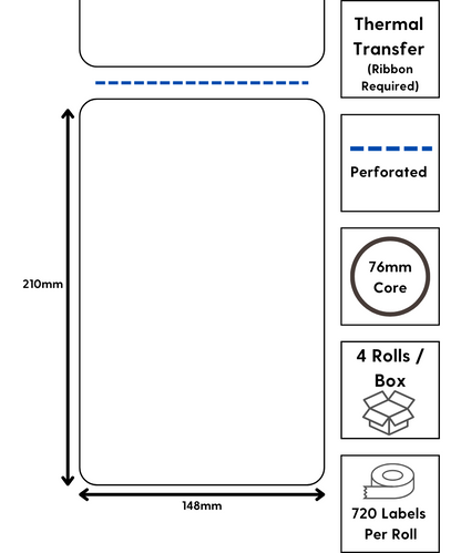 148 x 210mm (1a) semi-gloss paper / permanent / 76mm cores / perforated